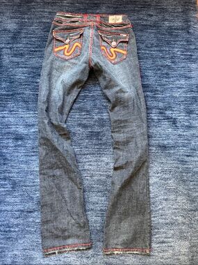 Stella Laguna Beach Dark Blue Bootcut Jeans with Red & Orange Pocket Embroidery